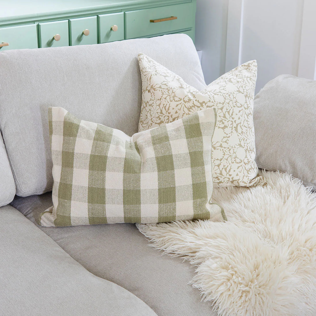 Housse de coussin en coton - Vichy Olive