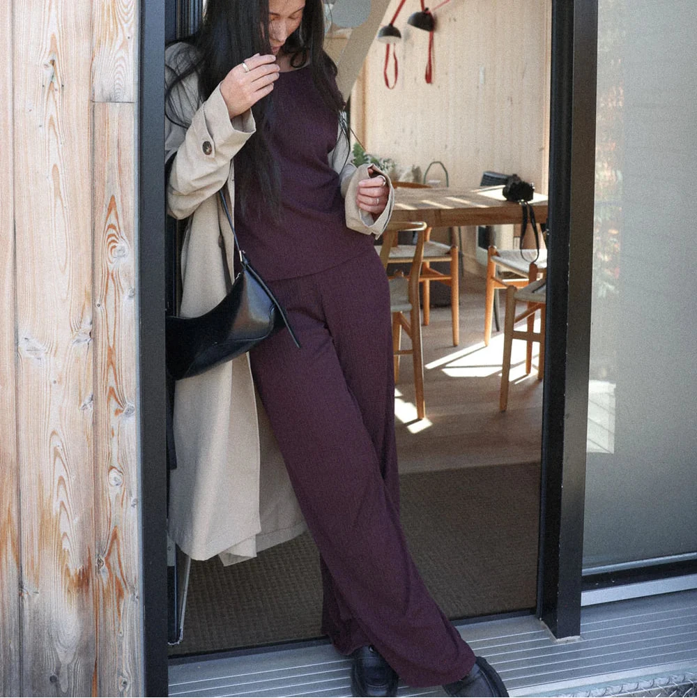 Pantalon ample texturé Flowy - Prune